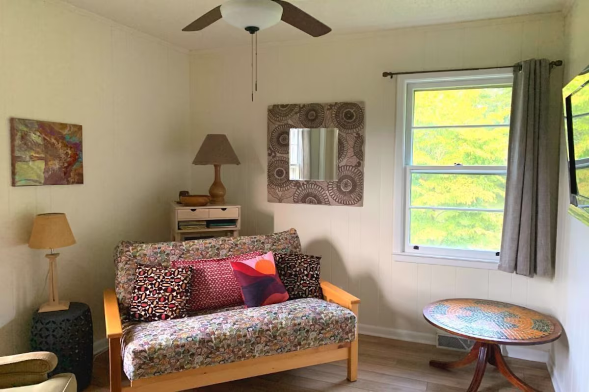 Guest bedroom with colorful bedding